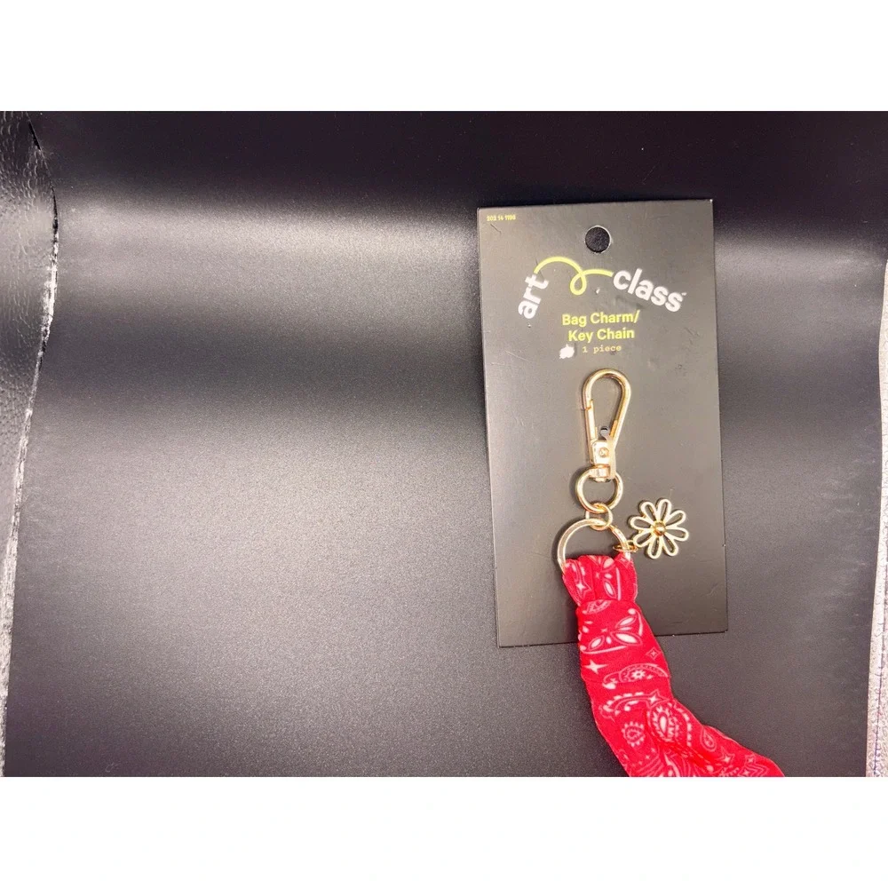 Art Class Red Bandana Paisley Bag Charm Key Chain Gold Tone Daisy Flower NWT